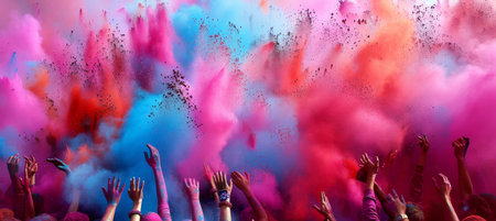 Joyful people covered in colorful holi powder hugging happily at festive holi celebrationの素材