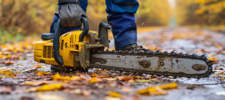 Construction worker using gasoline chainsaw to cut trees in close up, with space for text placement.の素材