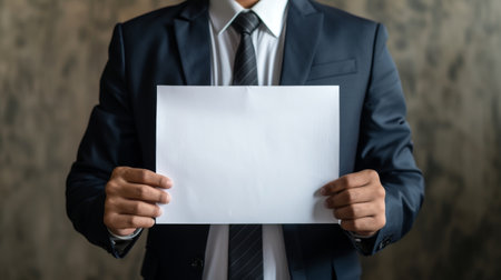 Man displaying large white paper mockup on soft pastel background for text or graphics.の素材