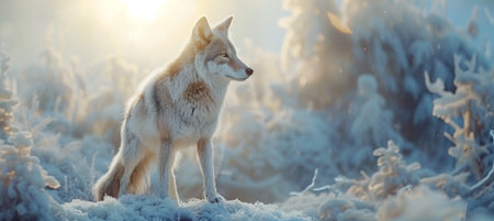 Majestic wolf in snowy winter forest, wildlife in nature with blurred background for text placement.の素材