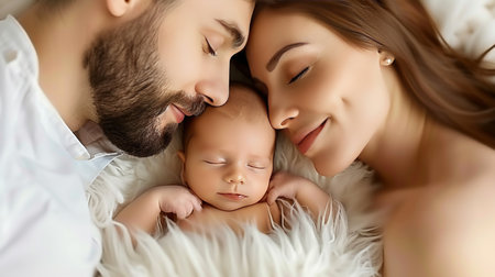 Loving family kissing newborn baby, parents holding and cherishing infant in close up portrait.の素材