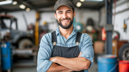 Skilled and confident male auto mechanic working on a vehicle in a professional car service centerの素材