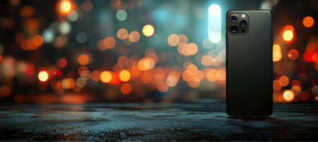 Smartphone back camera on magical dark background with gradient light, close up view, copy space.の素材