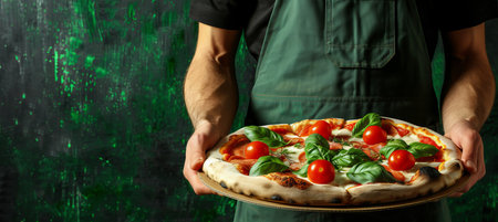 Casually dressed man holding italian pizza in box, isolated on colorful background with text spaceの素材
