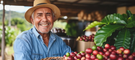 Brazilian senior man harvesting coffee beans in basket, agriculture scene with copy spaceの素材