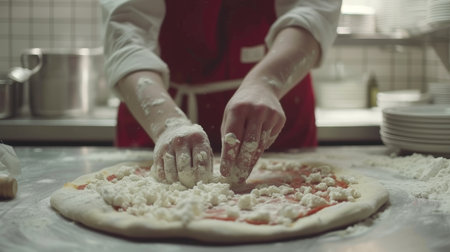 Professional chef preparing delicious pizza with fresh ingredients in modern kitchen restaurantの素材