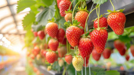 Lush and vibrant strawberry plantation abstract background on a sunny summer dayの素材