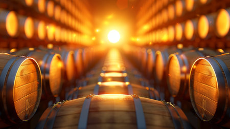 Modern wine cellar with wooden barrels for wine production in winery industry environment backgroundの素材