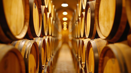 Wooden barrels in wine cellar, winery industry background for wine production and storage facility.の素材