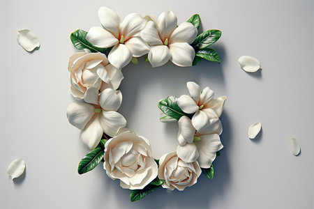 Gardenia flower letter  g  in 3d modern style on white background, floral alphabet conceptの素材