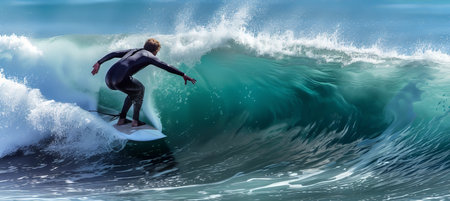 Surfer riding massive blue ocean wave   extreme sport and active lifestyle conceptの素材