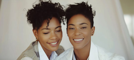 Happy lesbian couple cooking together in white kitchen, sharing love moments and happiness at homeの素材