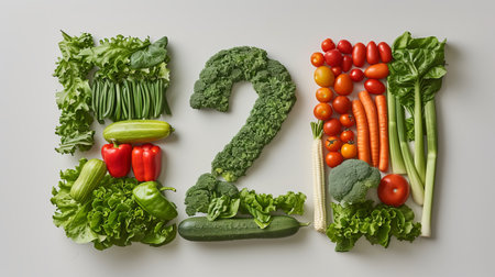 Number 2 made of fruits and vegetables on white background, flat lay style, top viewの素材