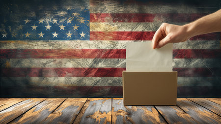 Voting for president  hand discarding ballot in bin with copy space for text placementの素材