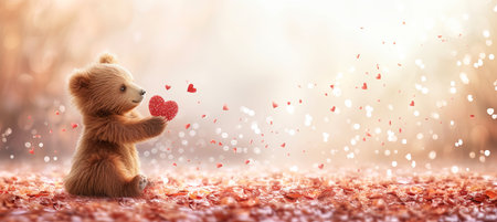 Bear cub holding heart shaped gift on blurred magical background for valentine s day with copy spaceの素材