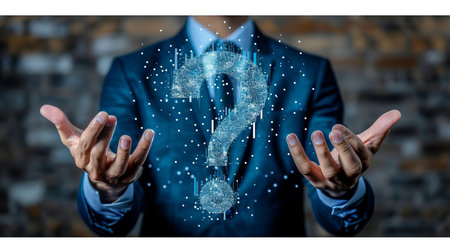 Businessman holding white question mark hologram   certification and audit conceptの素材