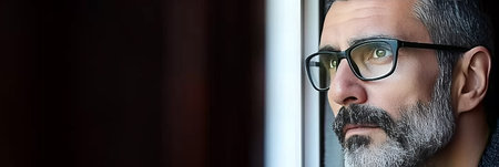 Professional middle aged man wearing glasses looking out with grey hair in office settingの素材