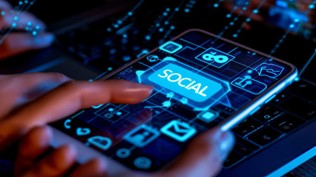 Interactive holographic social media text icon  social  shining over mobile phone in handsの素材