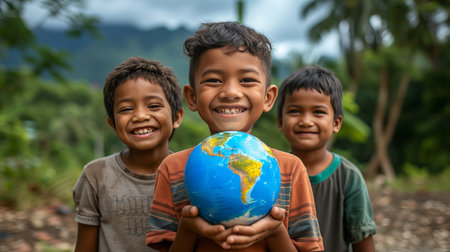 African children holding planet earth for international day of peace concept with copy spaceの素材