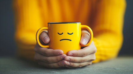 Morning concept with hands holding a coffee cup featuring a sad face on the mug to counter sadness.の素材
