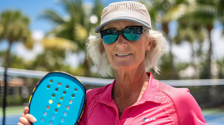 Woman playing pickleball at the court with ample space for text placement in the backgroundの素材