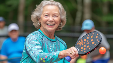 Energetic woman playing pickleball on a vibrant outdoor court with space for adding text or graphicsの素材