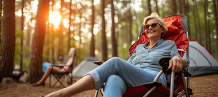 Happy senior enjoying camping in beautiful outdoor landscape with natural lightingの素材
