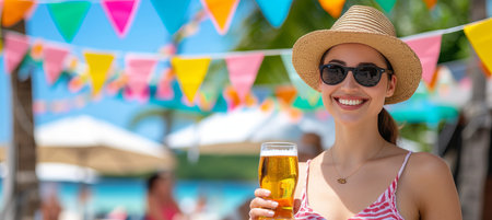 Beautiful woman enjoying a beer on a paradise beach on a warm sunny summer day with copy spaceの素材