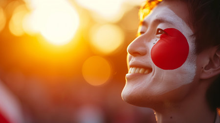 Energetic japan supporter with face paint, blurry stadium background, and text space for messages.の素材