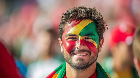 Passionate portugal fan with painted face, cheering at sports event, stadium background, text spaceの素材