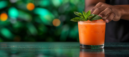 Close up of bartender decorating a cocktail with copy space on blurred backgroundの素材