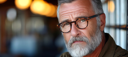 Confident middle aged professional man wearing glasses in office setting with copy spaceの素材