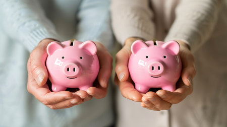 Senior couple s hands holding pink piggy bank for retirement savings and pension commitmentの素材