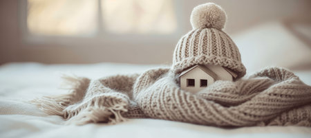 Inviting small house with knitted hat and scarf, offering great text placement spaceの素材