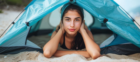 Joyful woman camping in stunning outdoor landscape, basking in natural lighting with copy spaceの素材