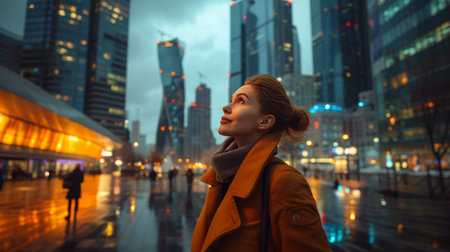 Successful businesswoman contemplating new investment opportunities in cityscape at sunsetの素材