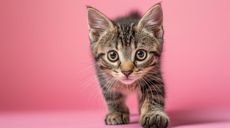 Flurry cat walking on pastel background in studio for advertising with copy spaceの素材