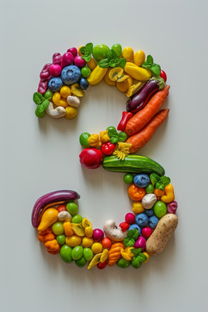 Colorful fruits and vegetables forming a vibrant number 3 on a clean white backgroundの素材