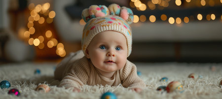 Happy baby girl playing on carpet with toys, wearing light beige outfit, copy space for textの素材