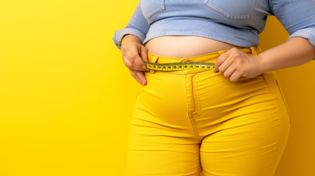 Close up view of overweight woman s fat body with belly fat pad, obesity concept with copy spaceの素材