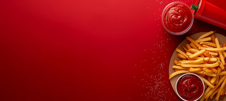 Savory fast food  delicious french fries with tangy sauce on cardboard plate for text placementの素材