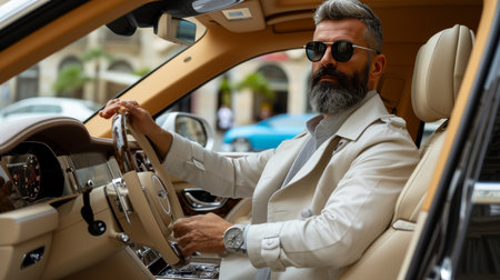 Stylish male model in white trench coat and sunglasses, exuding luxury and elegance in luxury carの素材