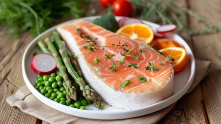Grilled salmon steak with mixed vegetables on white plate   healthy fish dish with fresh veggiesの素材