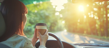 Young woman driving car with coffee to go cup in hand, copy space for text placementの素材