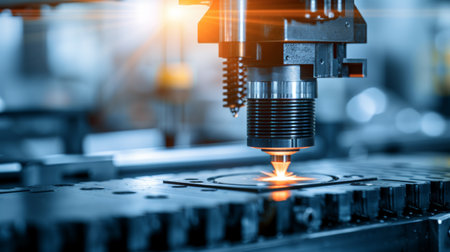 Cnc tool head close up of laser or metal cutting machine with copy space for text placementの素材