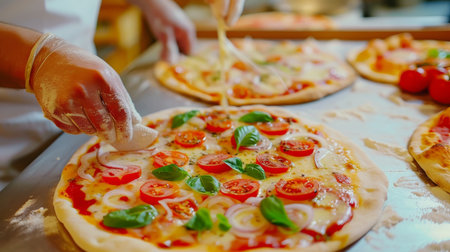 Chef preparing delicious pizza with fresh ingredients in modern kitchen restaurantの素材
