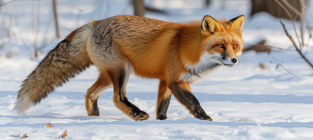 Red fox in winter forest, vibrant wildlife on snowy ground with blurred background, space for text.の素材