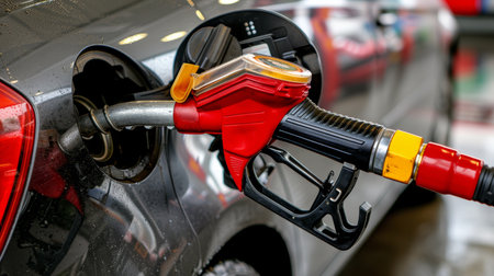 Close up view of fueling gun inserted in dark car s fuel tank for diesel or petrol refuelingの素材