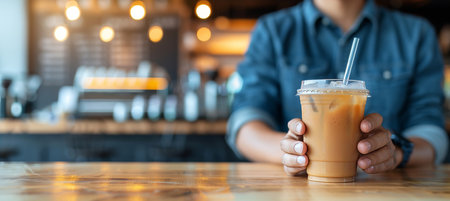 Iced coffee drink in customer s hand at cafe with blurred background and copy spaceの素材