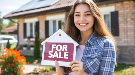 Confident real estate agent with  for sale  sign in front of house, selling property assuredly.の素材